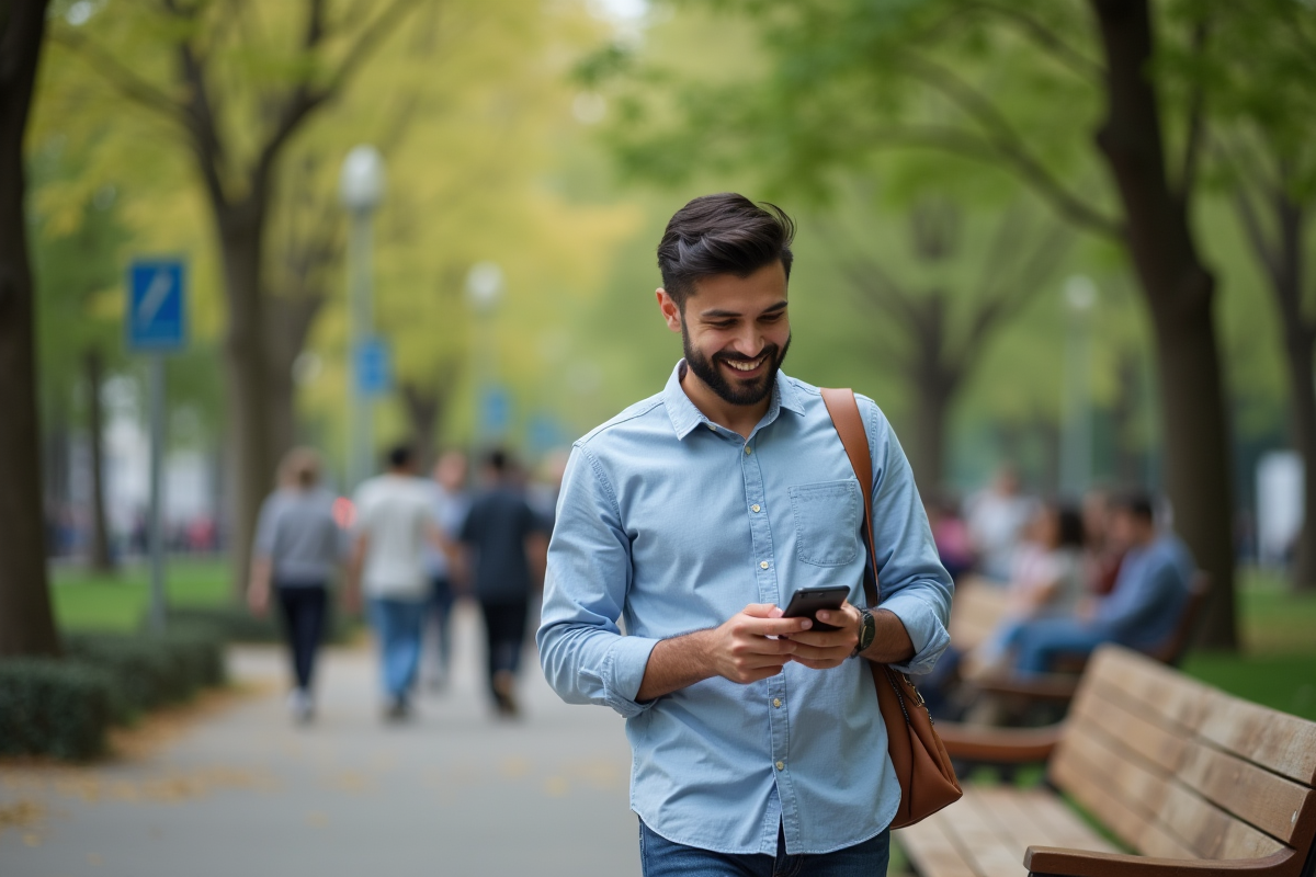 Homme lisant un message dans un parc urbain ensoleille