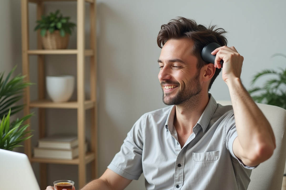 Homme détendu utilisant un masseur crâne à son bureau