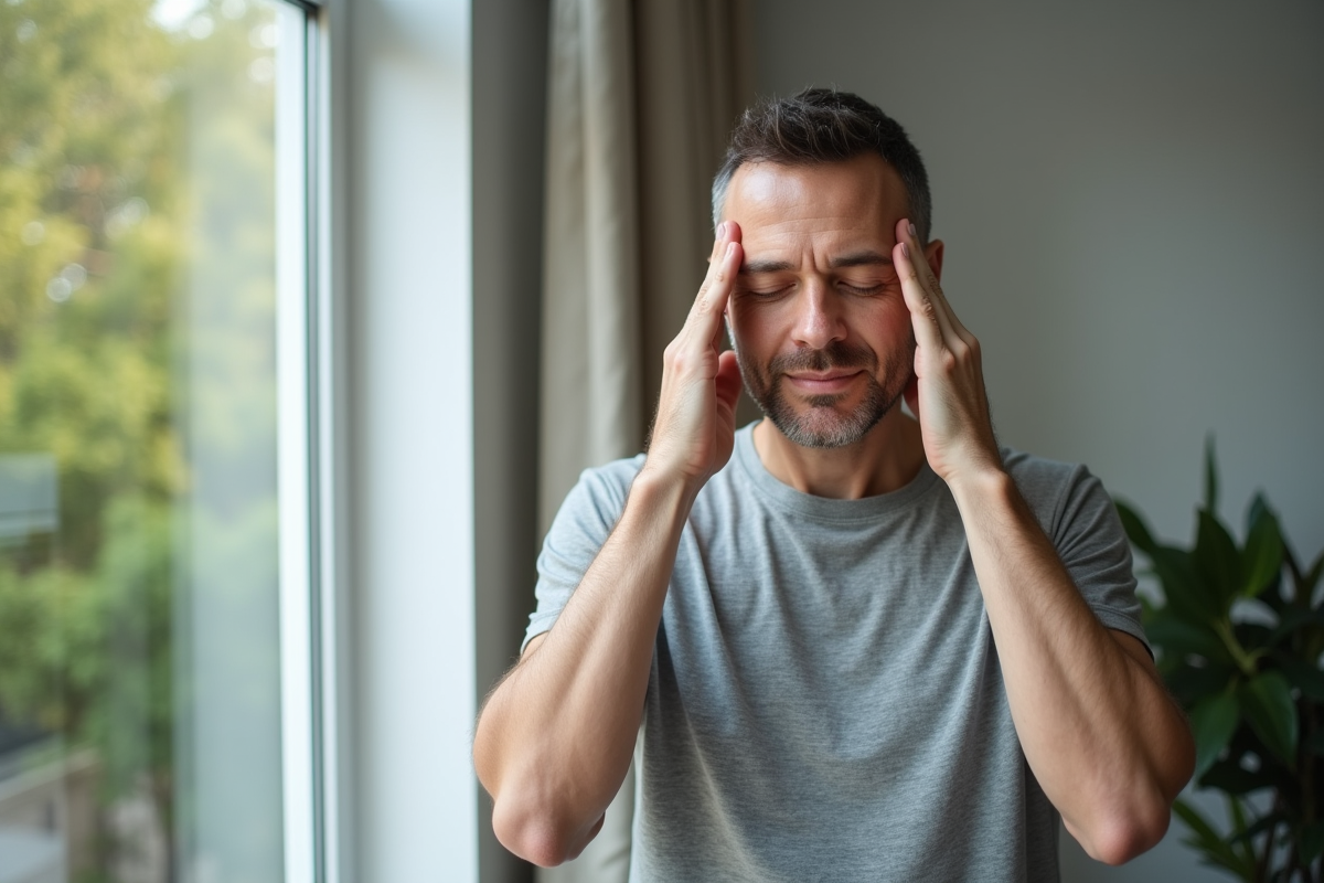 Homme se massant le front dans un intérieur lumineux