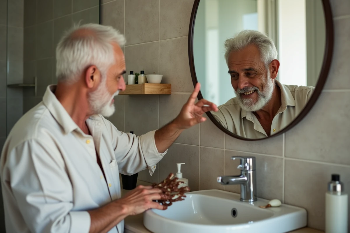 Homme massant du henna dans ses cheveux dans une salle de bain lumineuse