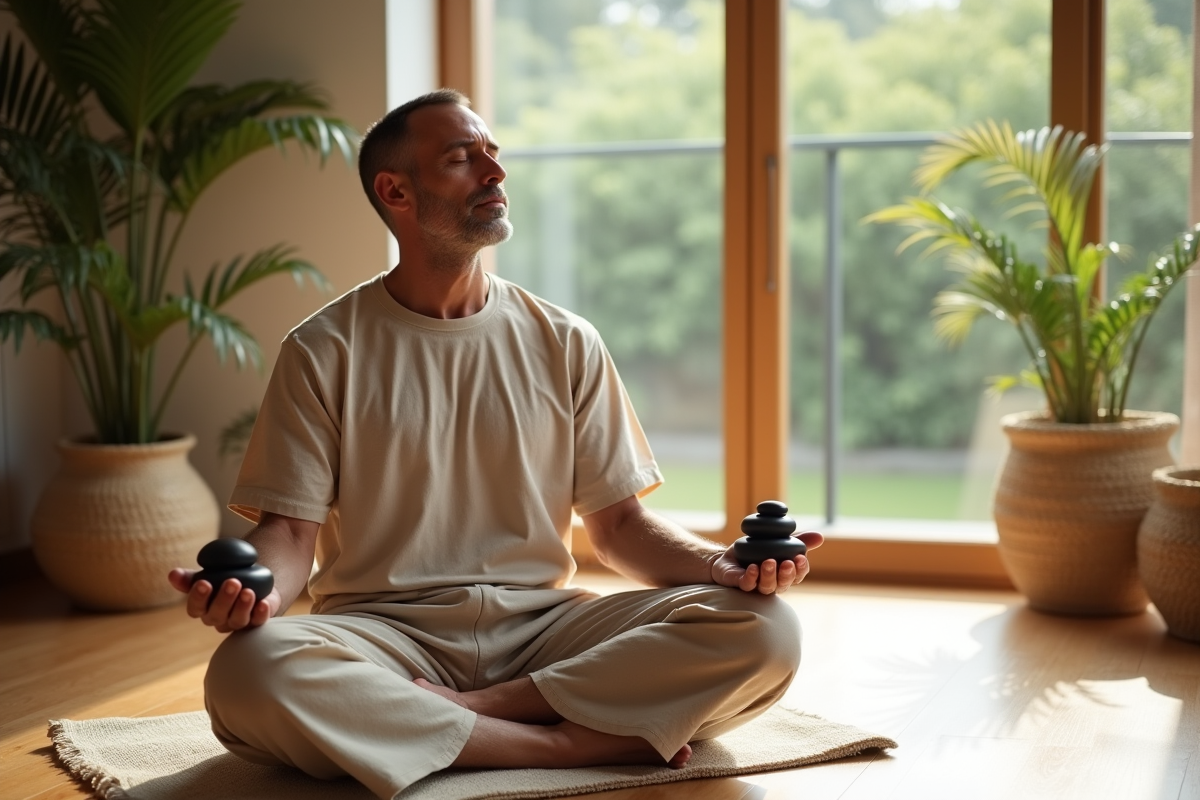 Homme relaxant avec pierres chaudes dans un espace bien-être