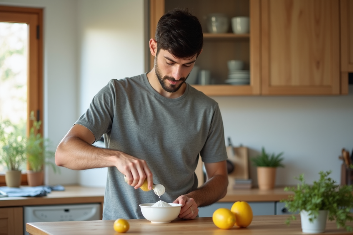 Jeune homme mélangeant bicarbonate et citron dans la cuisine