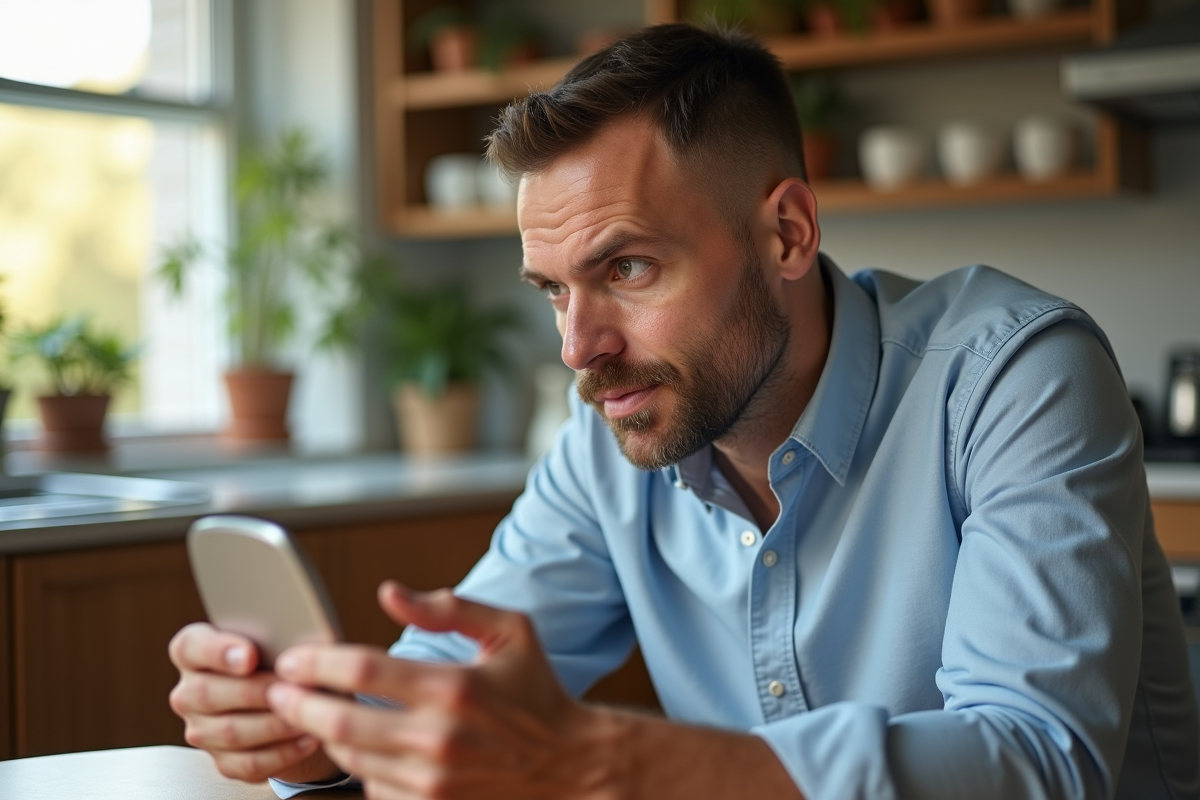 Homme regardant son reflet dans un miroir de cuisine