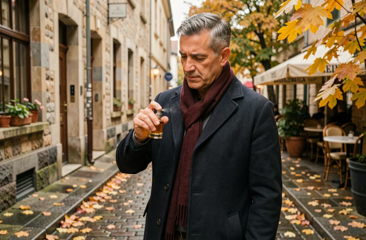 Homme utilisant un atomiseur de parfum en automne dans une ruelle pavée européenne entourée de feuilles dorées