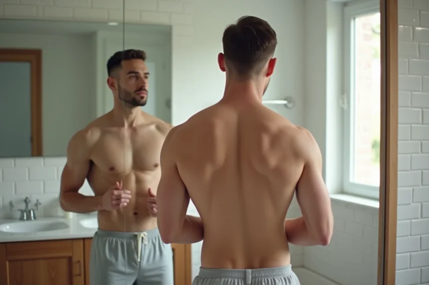 Homme regardant son torse rasé dans un miroir de salle de bain moderne, rasage maillot homme discret et soigné