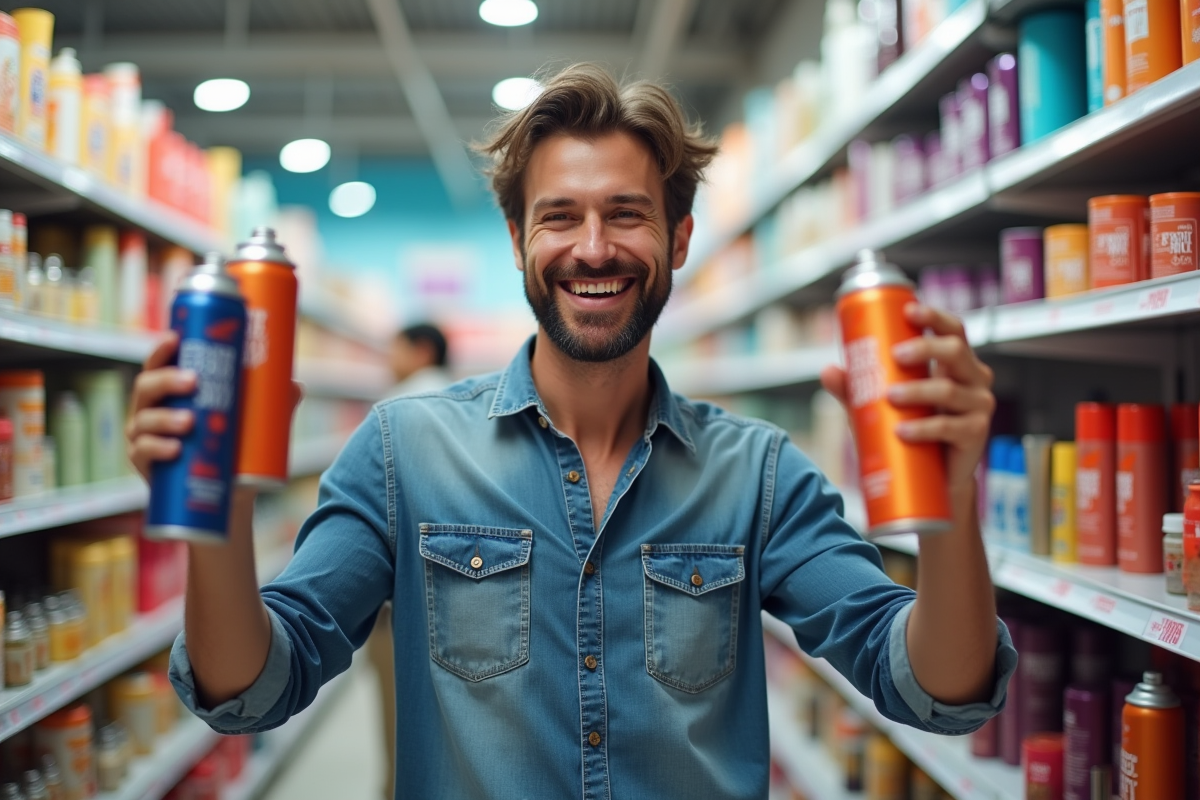 Homme souriant tenant des bombes de spray colorant dans un magasin de beauté