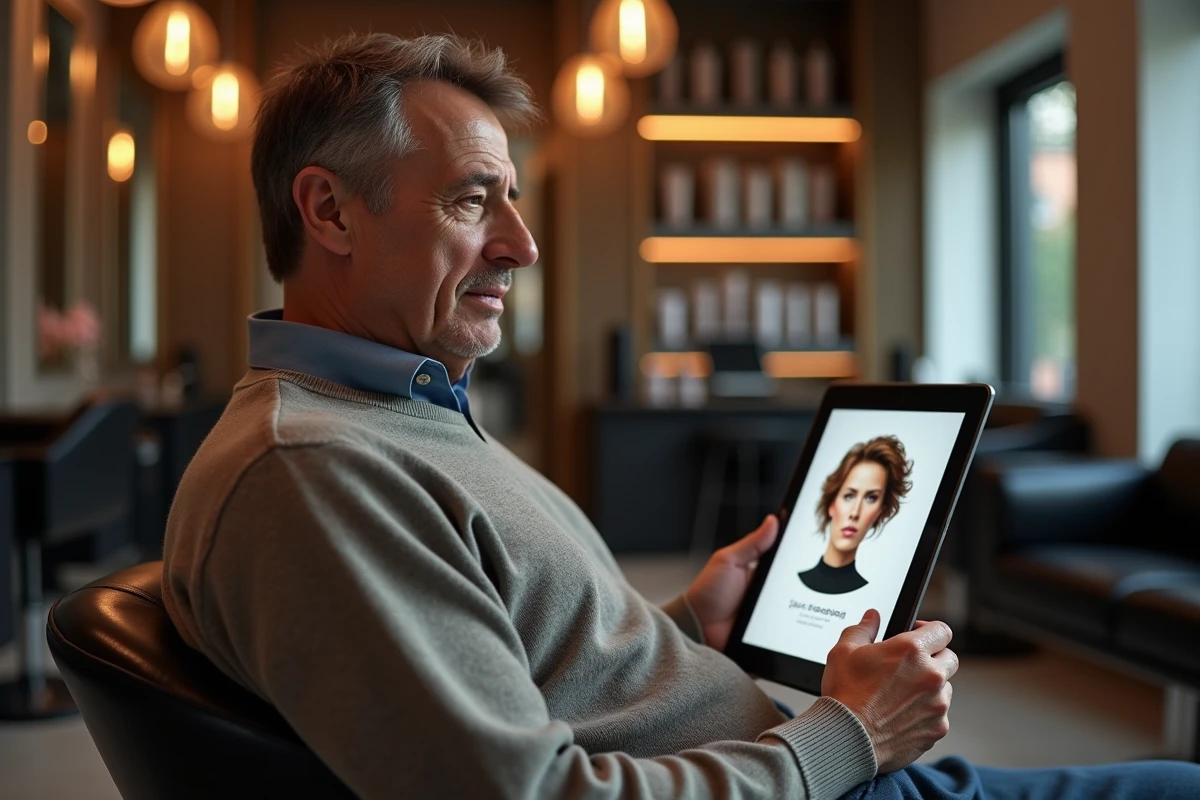 Homme dans un salon de coiffure regardant une application de coiffure sur tablette