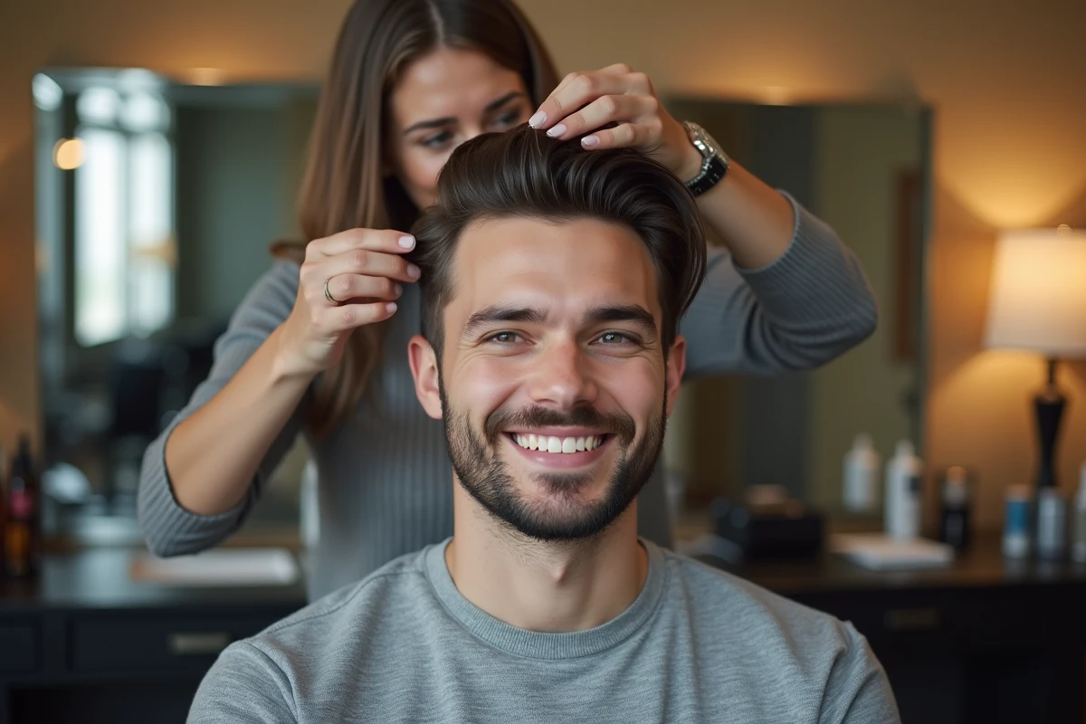 Homme souriant en salon coiffure avec styliste appliquant de la pomade