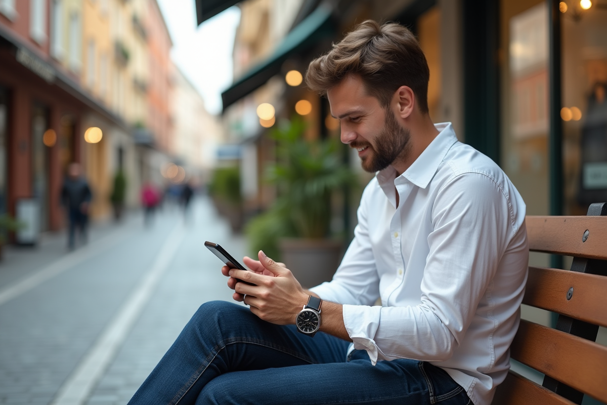 Jeune homme consulte un guide de taille en extérieur