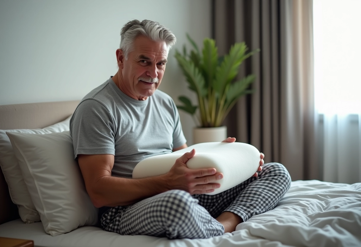 Homme en pyjama montre un oreiller ergonomique dans sa chambre
