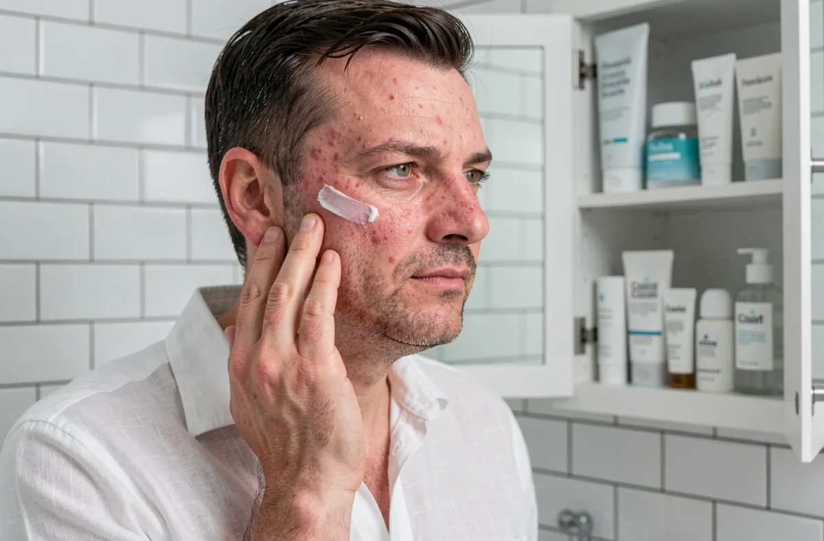 Homme appliquant une crème recommandée par dermatologue pour traiter la rosacée sur peau rouge et sensible