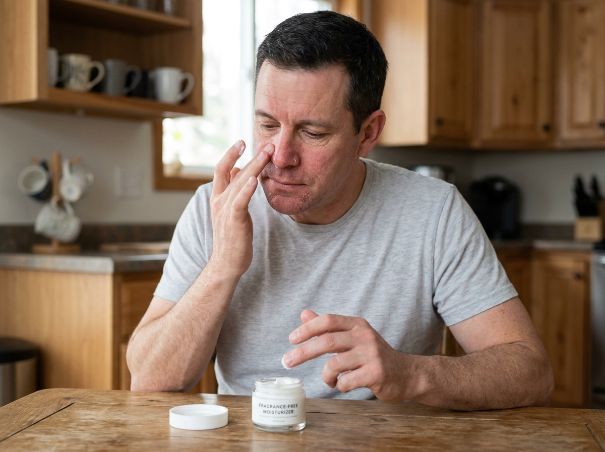 Homme d'âge mûr appliquant une crème hydratante sur une peau atopique inflammée du visage dans une cuisine domestique