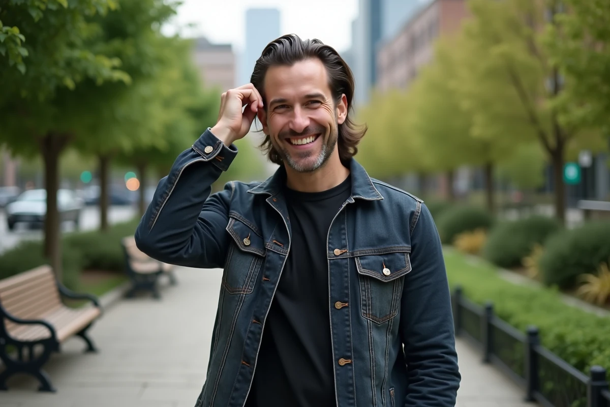 Homme souriant dans un parc urbain en denim