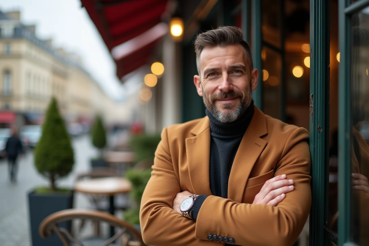 Homme stylé avec coupe courte texturée et barbe sculptée accoudé à la terrasse d'un café parisien
