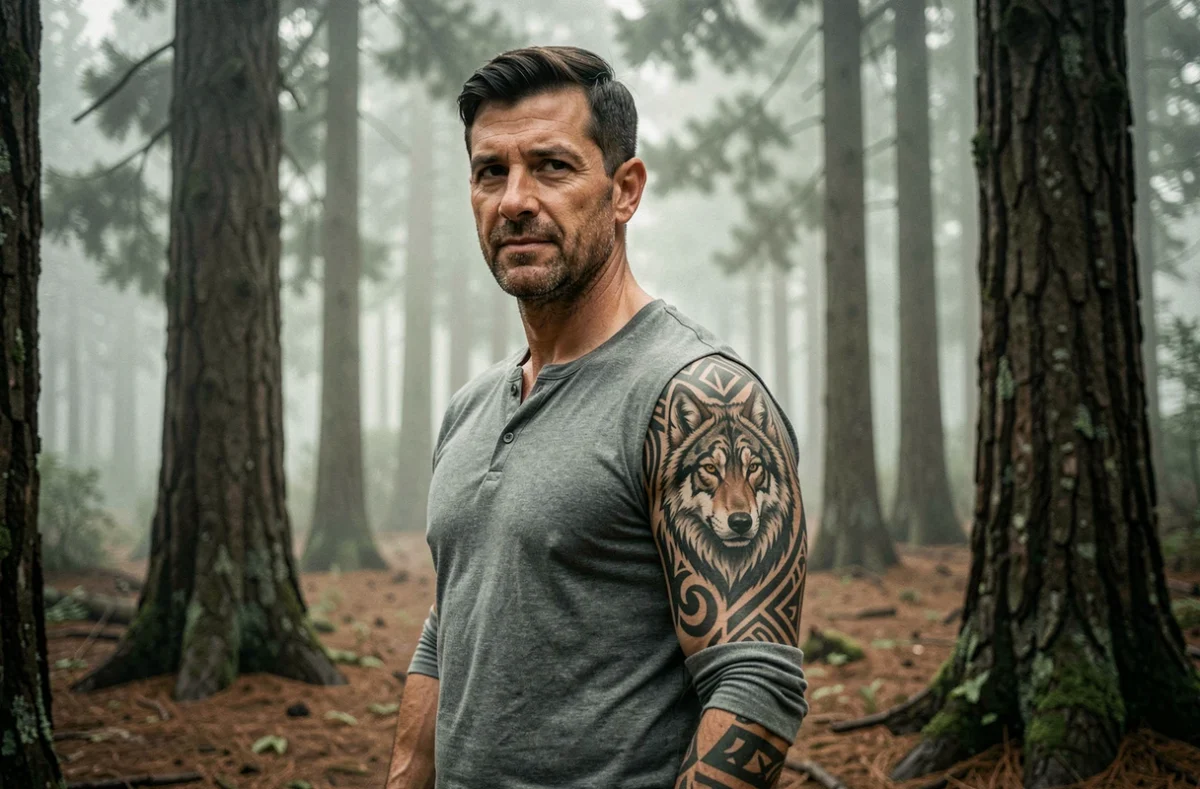 Homme avec un grand tatouage tribal loup sur l'épaule posant dans une forêt de pins brumeuse