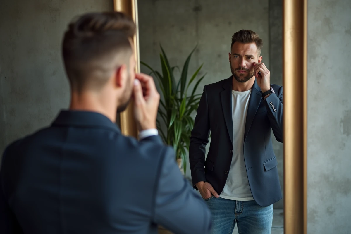 Homme regardant son maquillage dans un miroir moderne