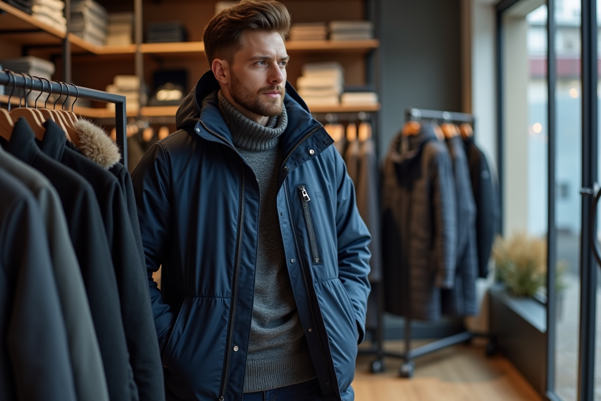 Homme regardant des manteaux dans un magasin moderne