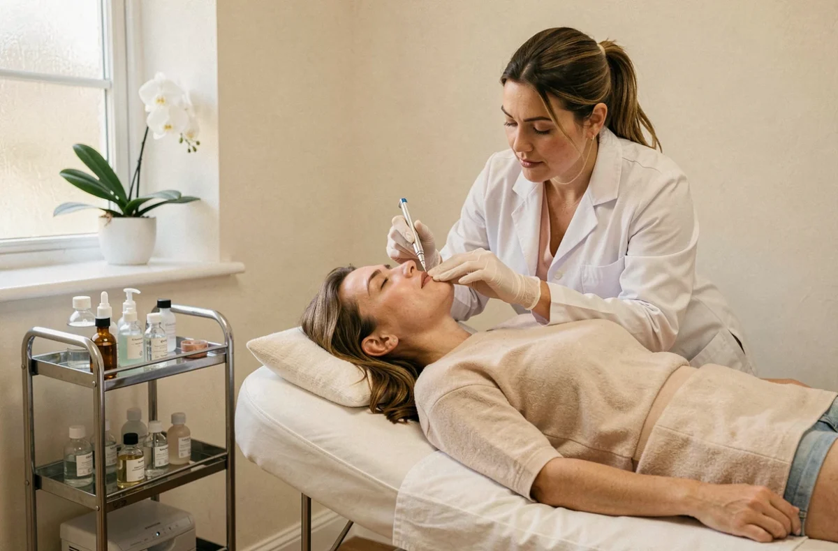 Soin du visage réalisé par une esthéticienne professionnelle sur une cliente à l'Institut Lya de Râches, cadre apaisant et épuré