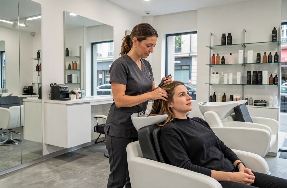Styliste du salon Isana à Annemasse appliquant un soin capillaire sur une cliente dans un cadre moderne et épuré