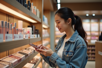 Jeune femme examine des produits de maquillage en boutique