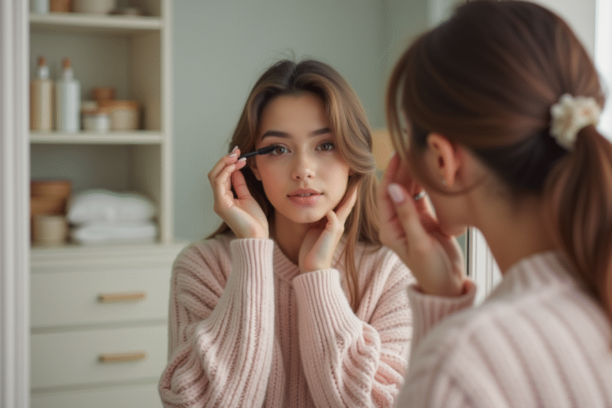 Jeune femme appliquant du mascara dans son miroir