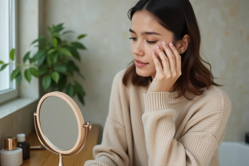 Jeune femme appliquant du khôl devant un miroir dans sa salle de bain