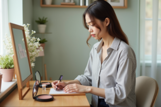 Jeune femme organise son maquillage dans une chambre lumineuse