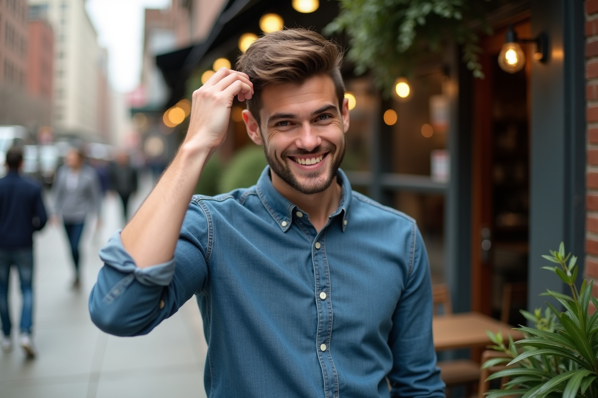 Jeune homme en extérieur avec nouvelle coupe de cheveux