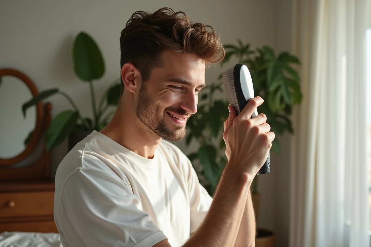 Jeune homme coiffant ses cheveux avec un sèche-cheveux dans une chambre lumineuse