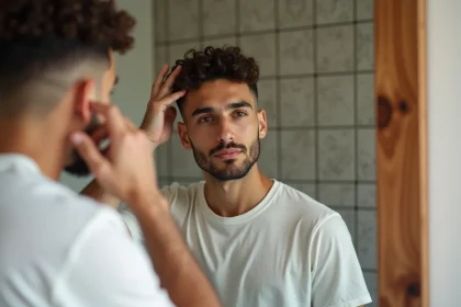 Jeune homme méditerranéen coiffé d'une coupe courte et bouclée