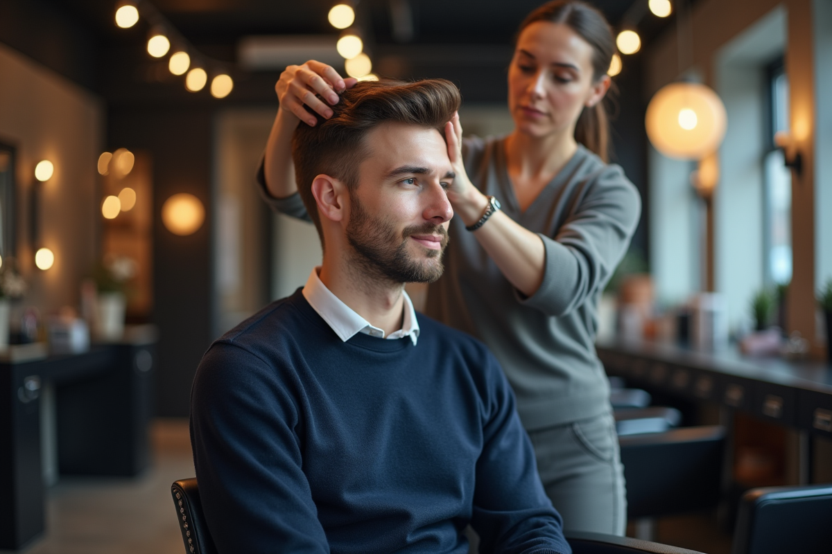 Jeune homme dans un salon de coiffure en train de se faire coiffer