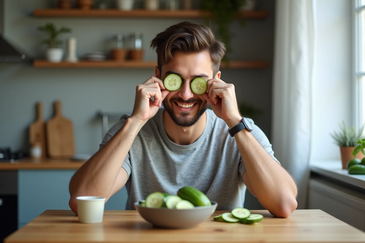 Jeune homme souriant appliquant des tranches de concombre sous les yeux