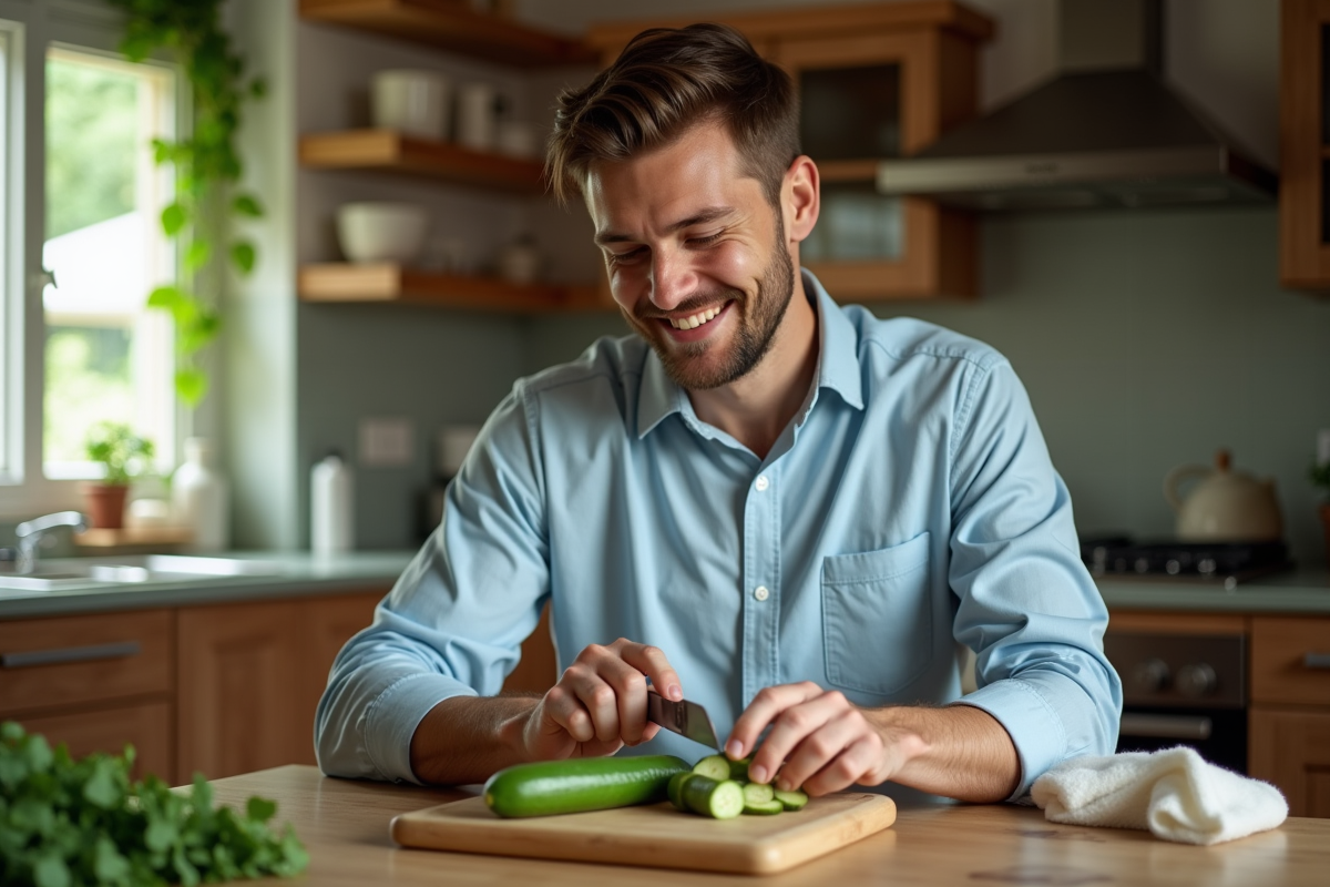 Jeune homme coupant des concombres dans la cuisine