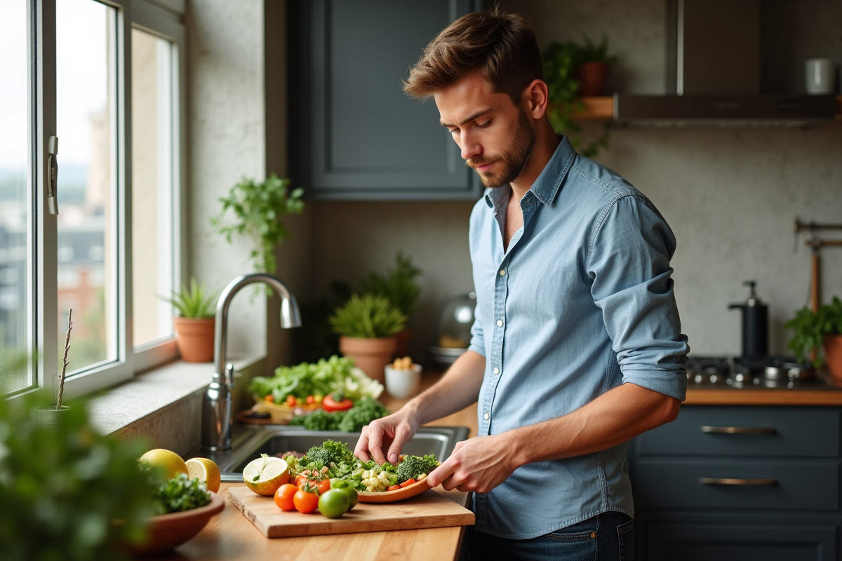 Jeune homme préparant une salade dans une cuisine lumineuse