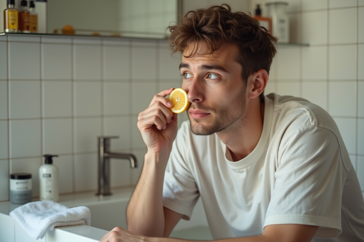 Jeune homme appliquant un citron sur la joue dans une salle de bain simple