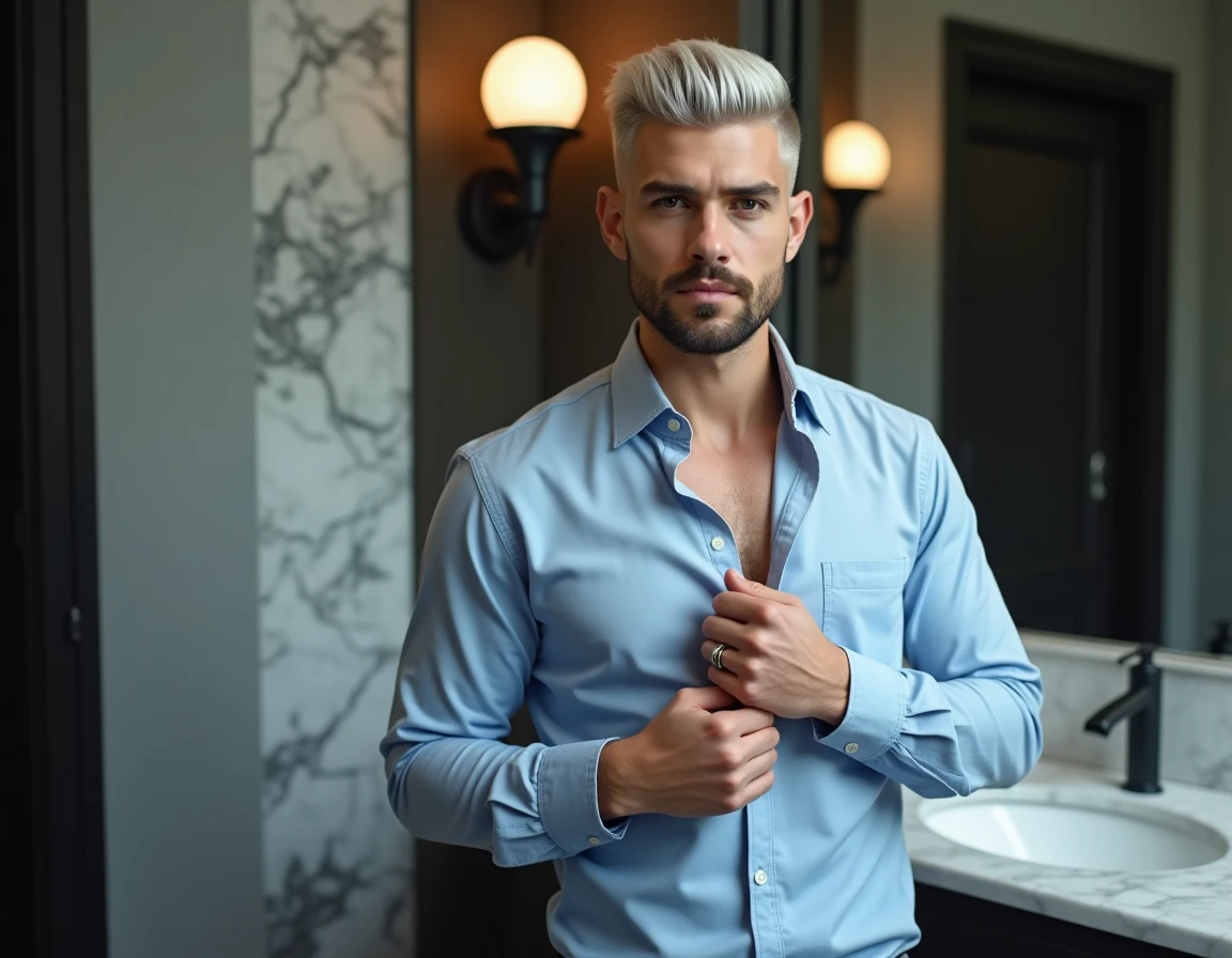 Jeune professionnel avec un dégradé blanc impeccable se préparant dans un espace de toilettage moderne