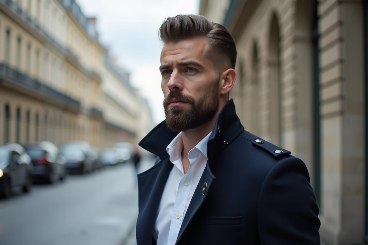 Homme à la coupe pompadour et barbe pleine posant dans une rue pavée de Paris avec manteau marine élégant
