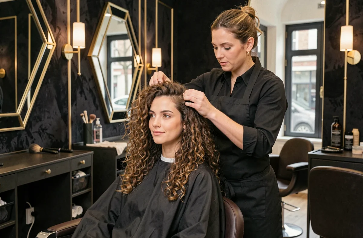 Coiffeuse professionnelle travaillant sur la chevelure d'une cliente à l'institut Majestueuse Mane de Tourcoing, cadre élégant aux accents dorés