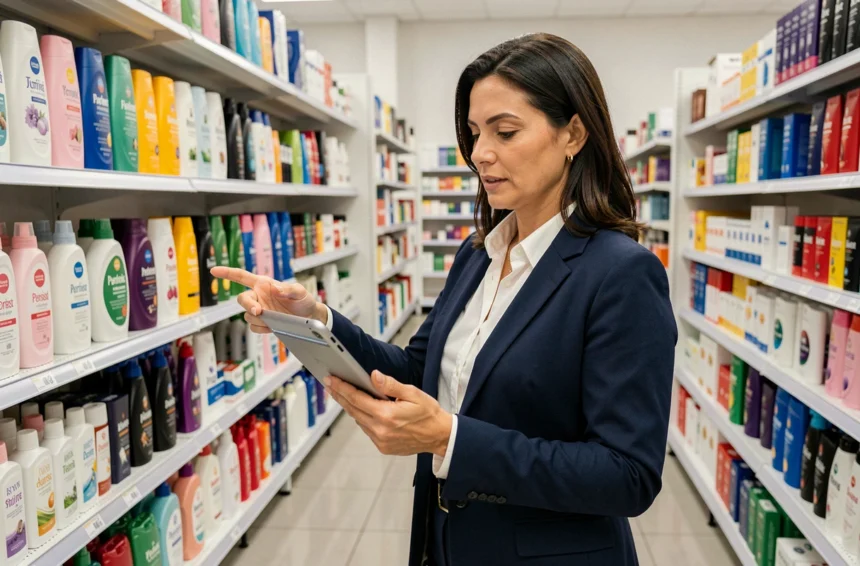 Manager de rayon DPH en grande surface analysant les données de son secteur hygiène avec une tablette numérique devant les rayons de produits de soin