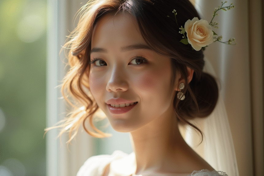 Mariée avec carré ondulé et accessoire floral