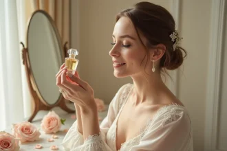 Mariée en robe de soie ivoire sentant un flacon de parfum de luxe devant un miroir vintage