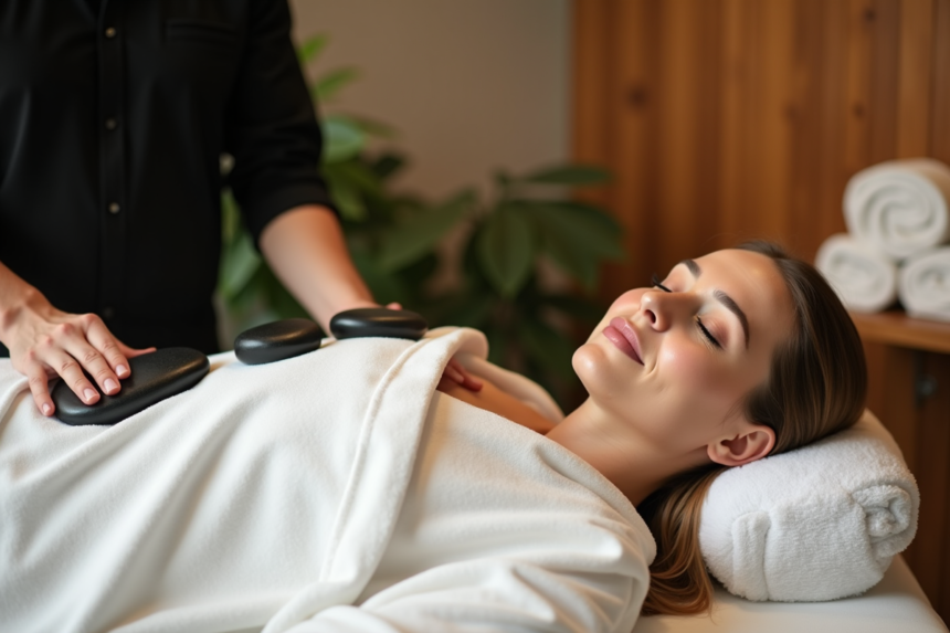 Femme recevant un massage aux pierres chaudes dans un spa