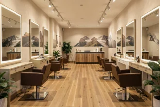 Vue intérieure d'un salon de coiffure moderne en Haute-Savoie, avec des postes de coiffage élégants et une ambiance chaleureuse
