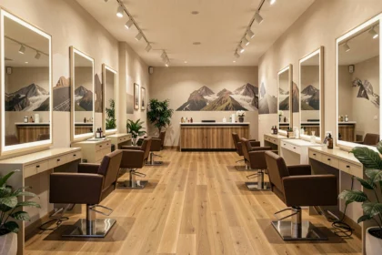 Vue intérieure d'un salon de coiffure moderne en Haute-Savoie, avec des postes de coiffage élégants et une ambiance chaleureuse