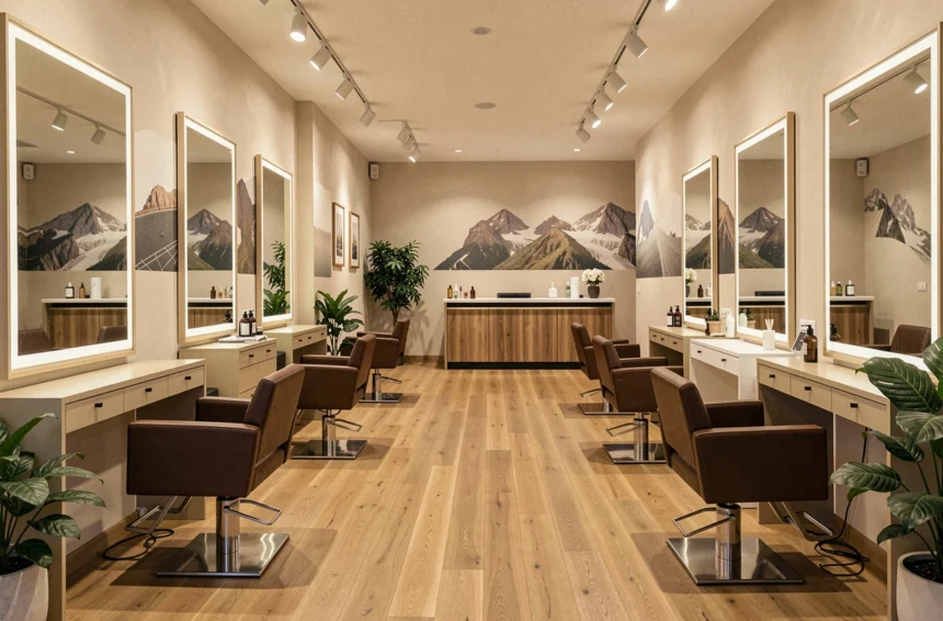 Vue intérieure d'un salon de coiffure moderne en Haute-Savoie, avec des postes de coiffage élégants et une ambiance chaleureuse