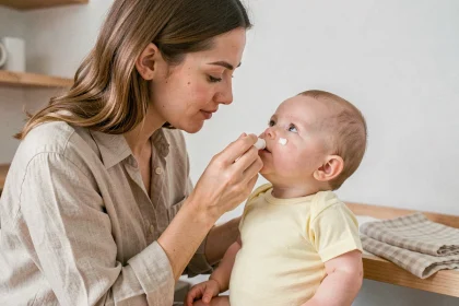 Mère appliquant une crème halcare douce sur le visage de son bébé dans une chambre d'enfant apaisante