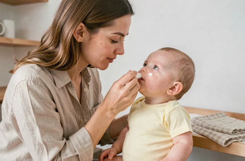 Mère appliquant une crème halcare douce sur le visage de son bébé dans une chambre d'enfant apaisante