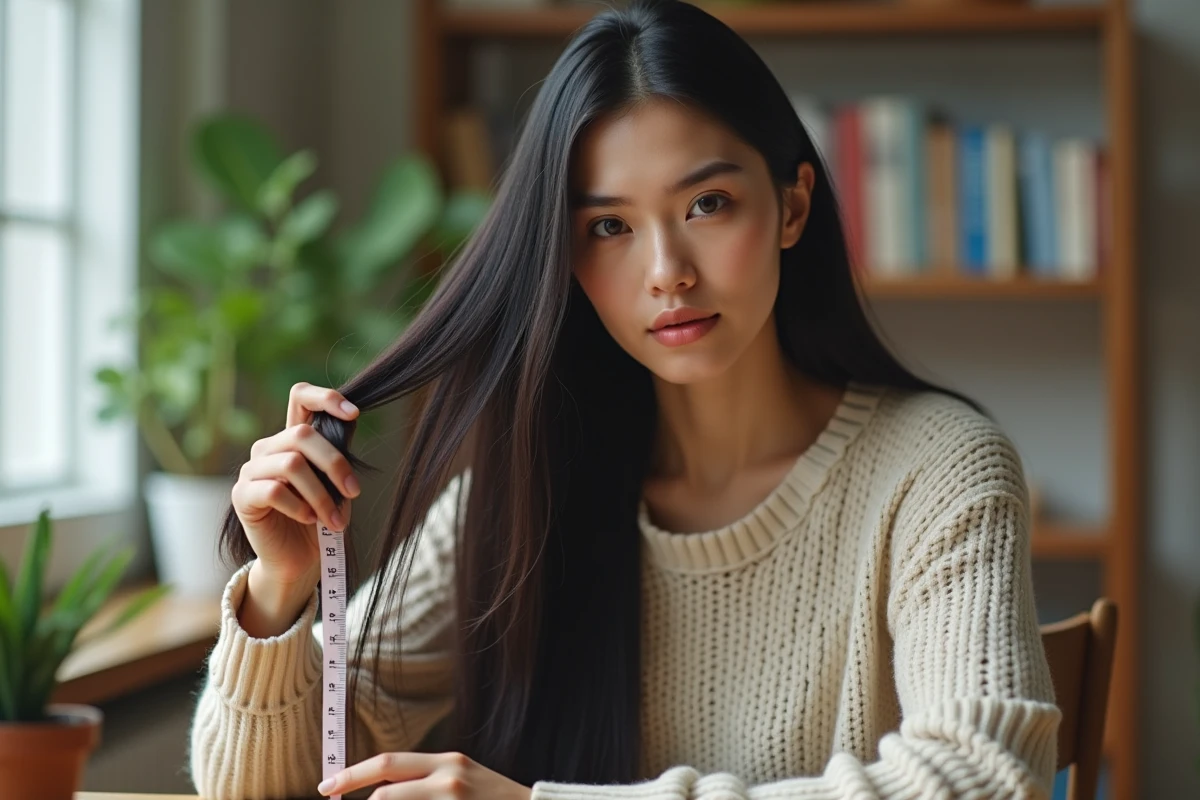 Jeune femme mesurant la longueur de ses cheveux longs avec un mètre ruban, symbolisant la croissance capillaire mensuelle