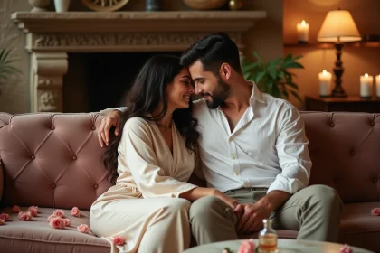 Couple intime assis sur un canapé en velours avec un flacon de parfum sur table en marbre, ambiance romantique et chaleureuse