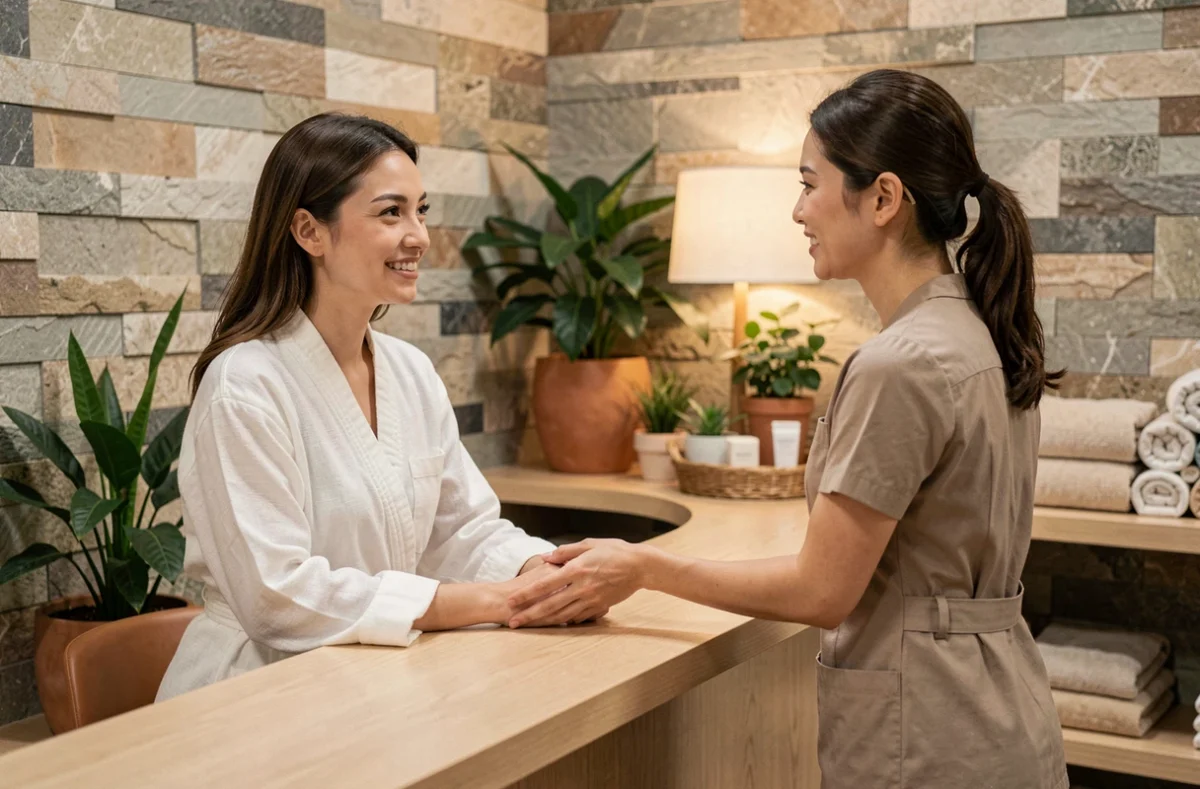 Réception accueillante du Naissa Beauty Spa à Mons-en-Baroeul avec une cliente en peignoir blanc et une esthéticienne professionnelle